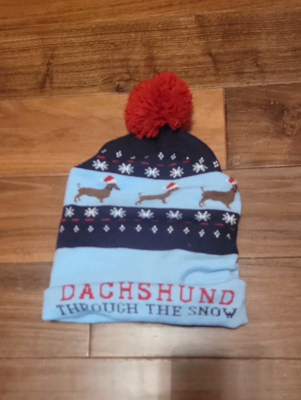 Dachshund Through The Snow Pom Beanie - Light Blue & Navy